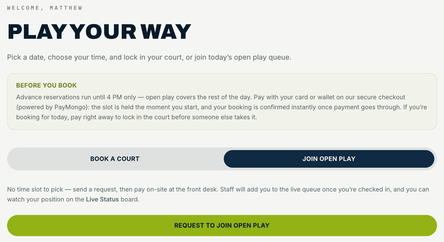 The Book a Court page with the Join Open Play tab selected and the Request to Join Open Play button