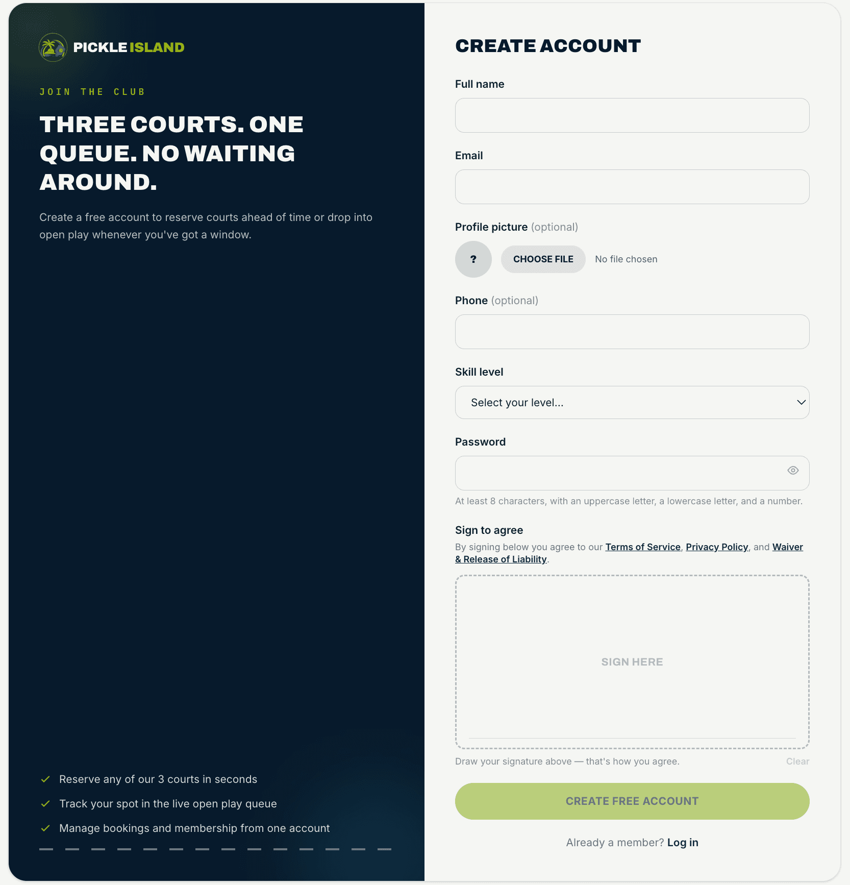 The Create Account sign up form, asking for full name, email, profile picture, phone, skill level, password, and a drawn signature to agree